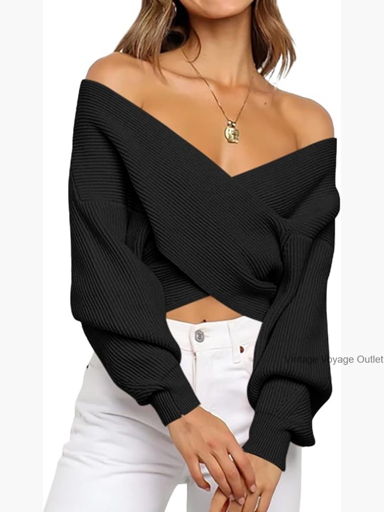 Off Shoulder V Neck Ribbed Knit Cropped Pullover Sweater Long Sleeve